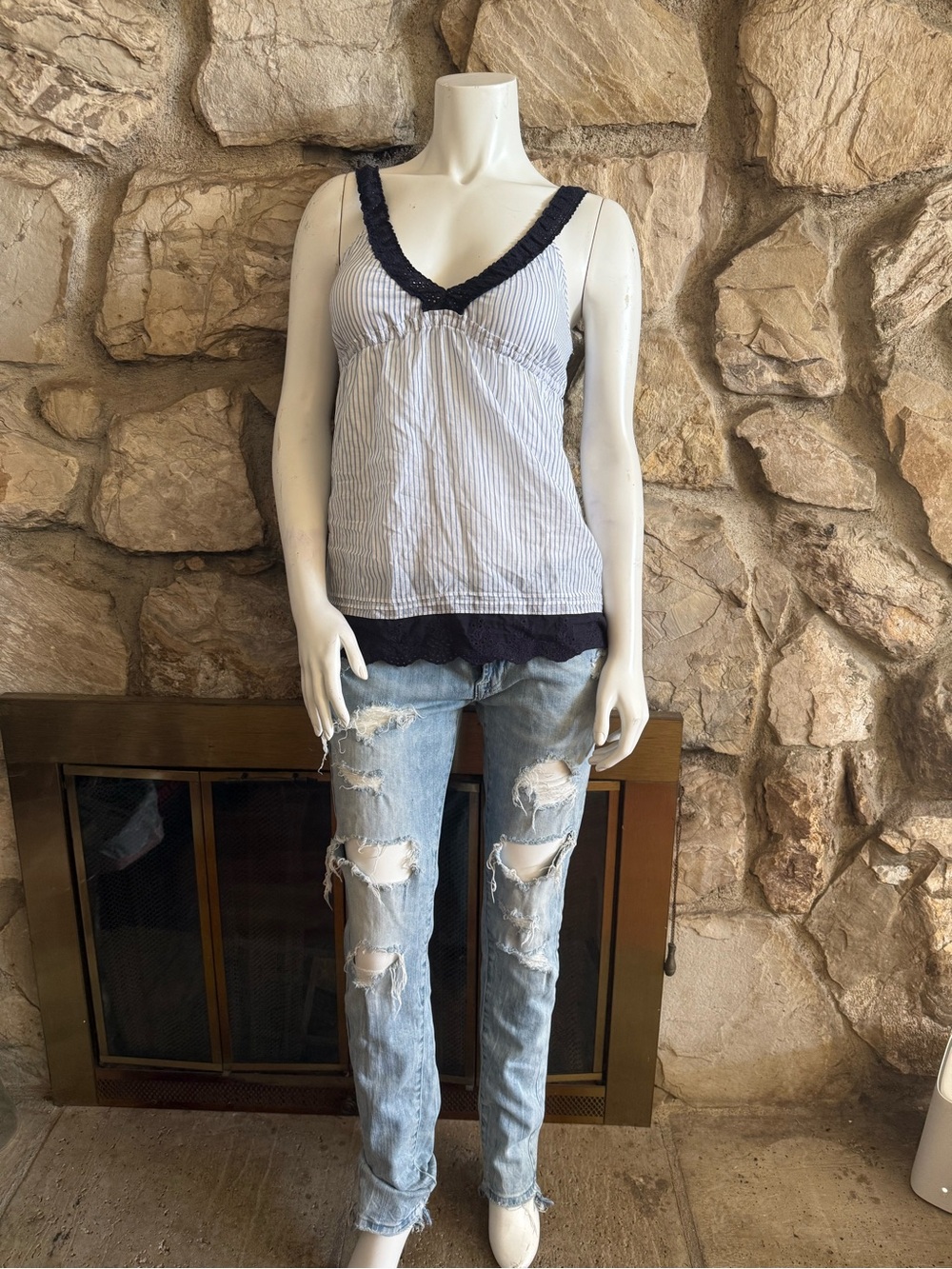 Iris Basic Blue and White Striped Camisole with Black Lace Trim